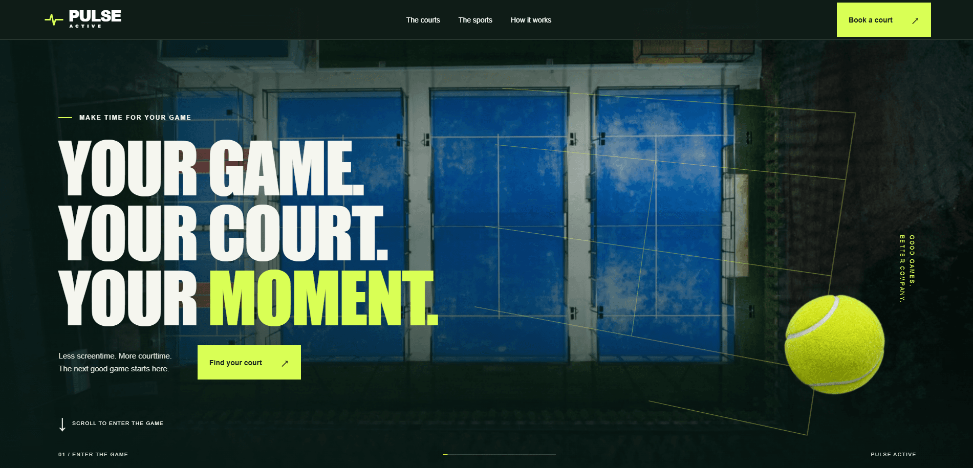 Pulse Active courts page with padel court photography and booking calls to action