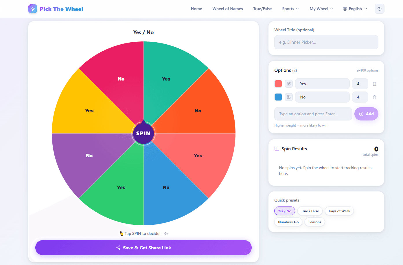 Pick The Wheel builder with a spinning wheel and a list of options